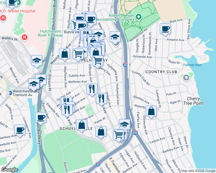 map of restaurants, bars, coffee shops, grocery stores, and more near 1370 Hobart Avenue in Bronx