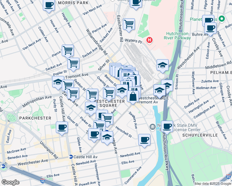 map of restaurants, bars, coffee shops, grocery stores, and more near 2550 Frisby Avenue in Bronx