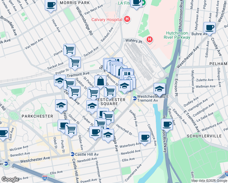 map of restaurants, bars, coffee shops, grocery stores, and more near in The Bronx