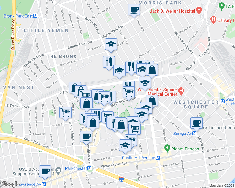 map of restaurants, bars, coffee shops, grocery stores, and more near 1507 Metropolitan Avenue in Bronx