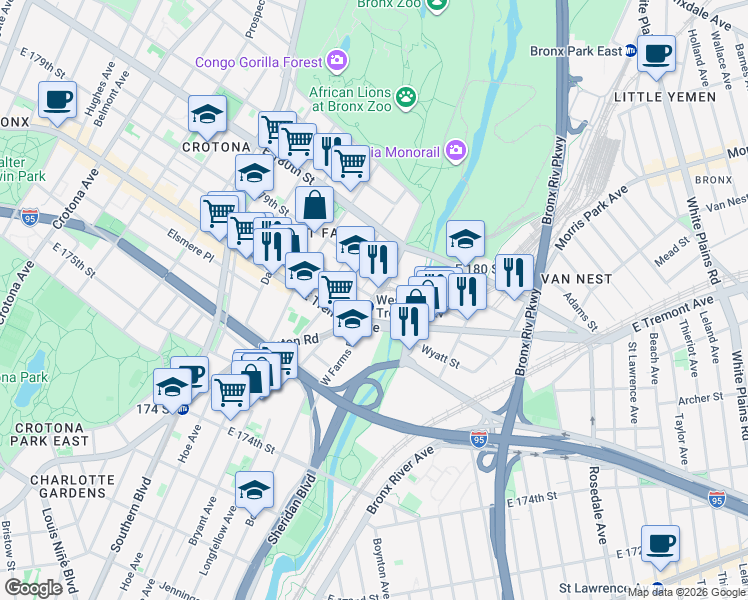 map of restaurants, bars, coffee shops, grocery stores, and more near 7 West Farms Square Plaza in The Bronx