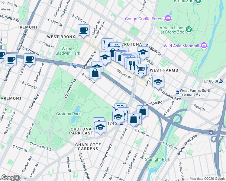 map of restaurants, bars, coffee shops, grocery stores, and more near in The Bronx