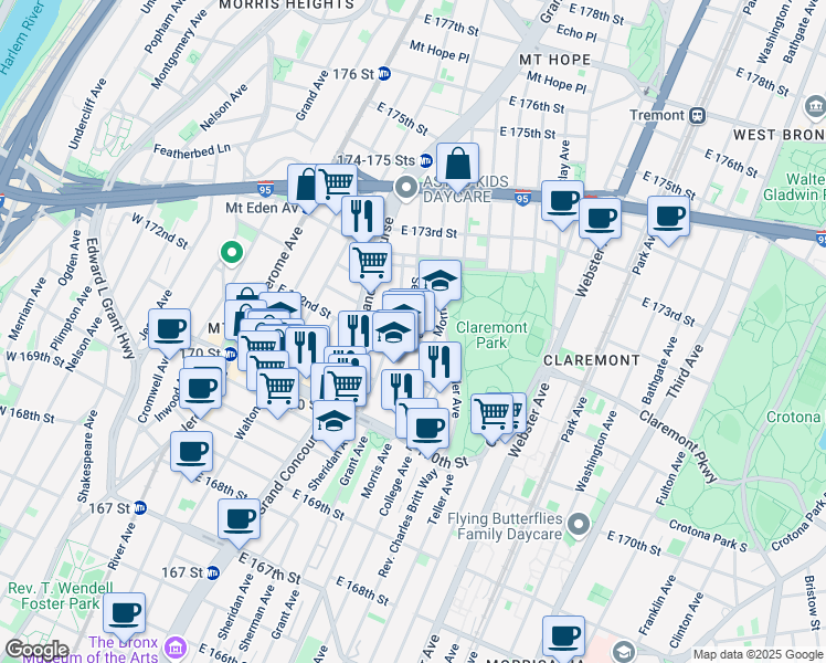 map of restaurants, bars, coffee shops, grocery stores, and more near in The Bronx