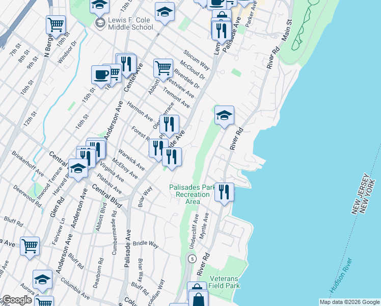 map of restaurants, bars, coffee shops, grocery stores, and more near 6 Horizon Road in Fort Lee