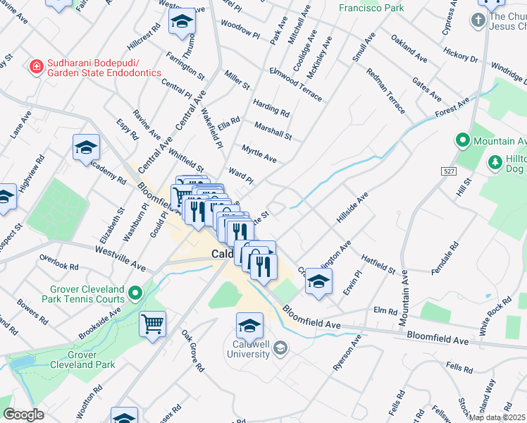map of restaurants, bars, coffee shops, grocery stores, and more near 22 Orchard Square in Caldwell