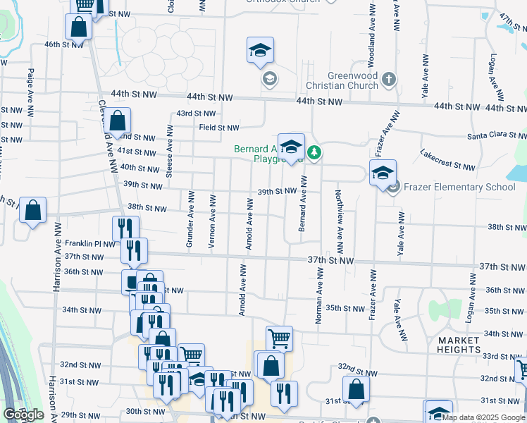 map of restaurants, bars, coffee shops, grocery stores, and more near 1114 38th Street Northwest in Canton
