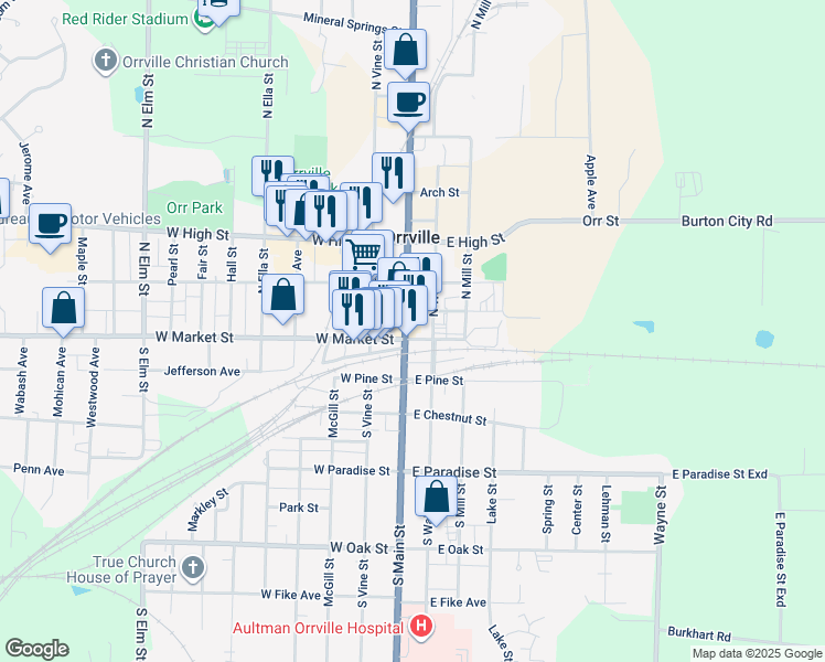 map of restaurants, bars, coffee shops, grocery stores, and more near 136 East Market Street in Orrville