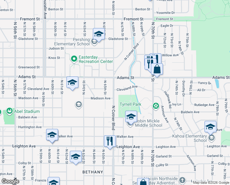 map of restaurants, bars, coffee shops, grocery stores, and more near 2816 North Cotner Boulevard in Lincoln