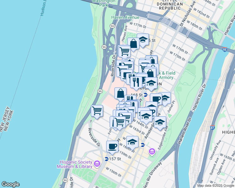 map of restaurants, bars, coffee shops, grocery stores, and more near 161 Fort Washington Avenue in New York