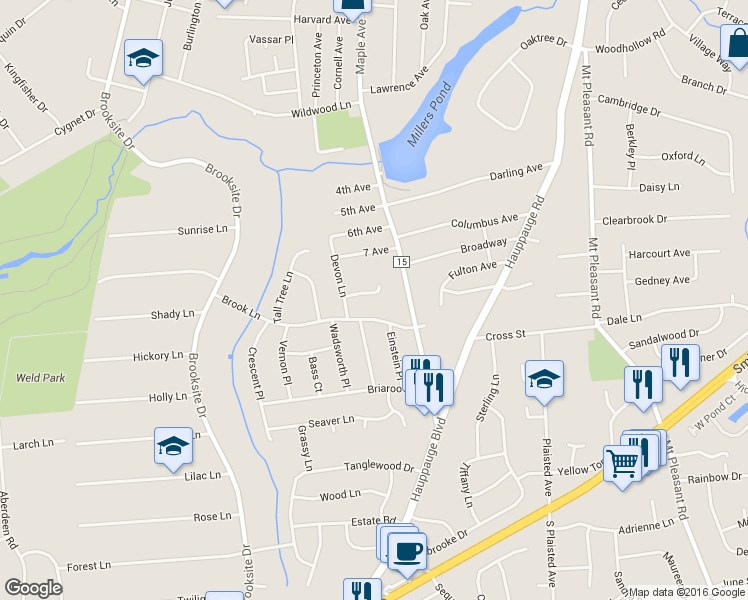 map of restaurants, bars, coffee shops, grocery stores, and more near 8 Whisper Lane in Smithtown