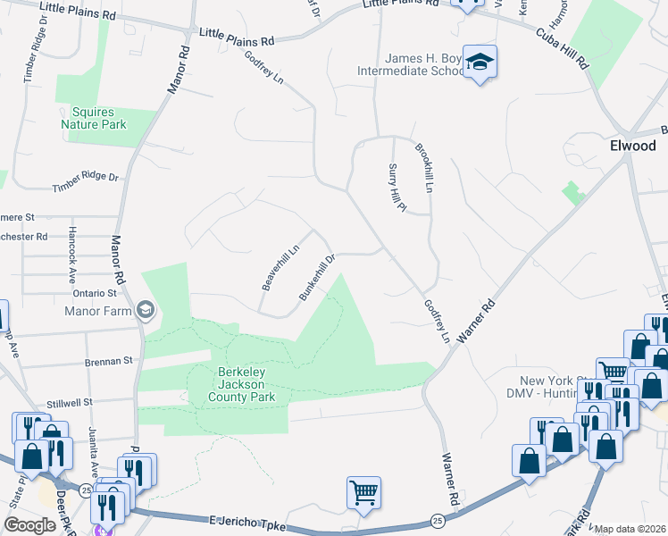 map of restaurants, bars, coffee shops, grocery stores, and more near 18 Bunkerhill Drive in Huntington