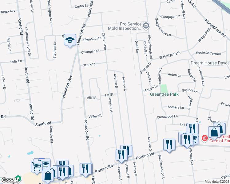 map of restaurants, bars, coffee shops, grocery stores, and more near 14 1st Street in Lake Ronkonkoma