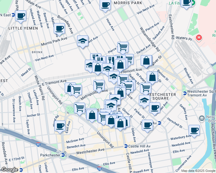 map of restaurants, bars, coffee shops, grocery stores, and more near 1718 Purdy Street in The Bronx