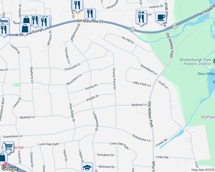 map of restaurants, bars, coffee shops, grocery stores, and more near 5 Argyle Place in Smithtown