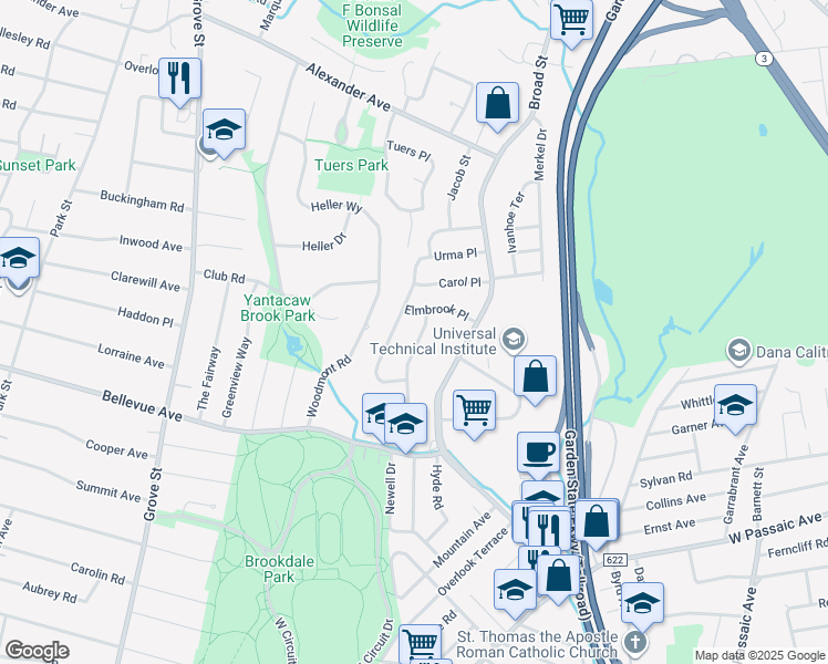 map of restaurants, bars, coffee shops, grocery stores, and more near 84 Bellevue Terrace in Bloomfield