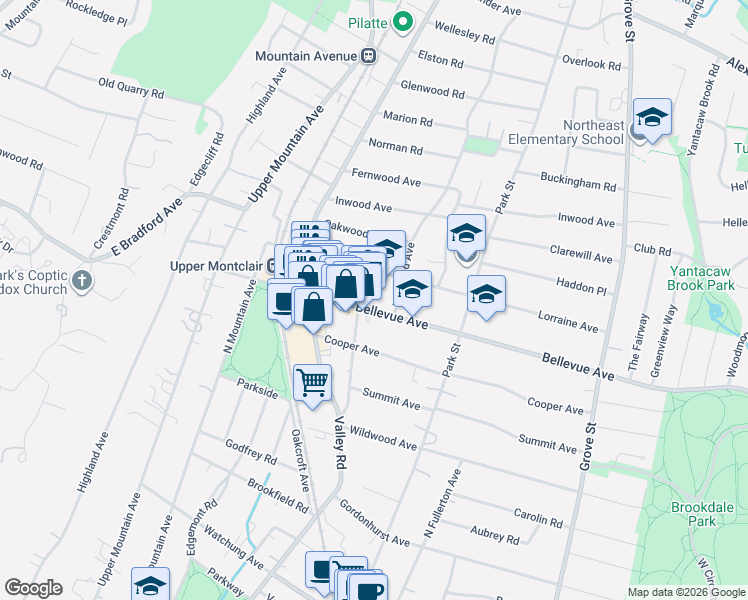 map of restaurants, bars, coffee shops, grocery stores, and more near 187 Bellevue Avenue in Montclair