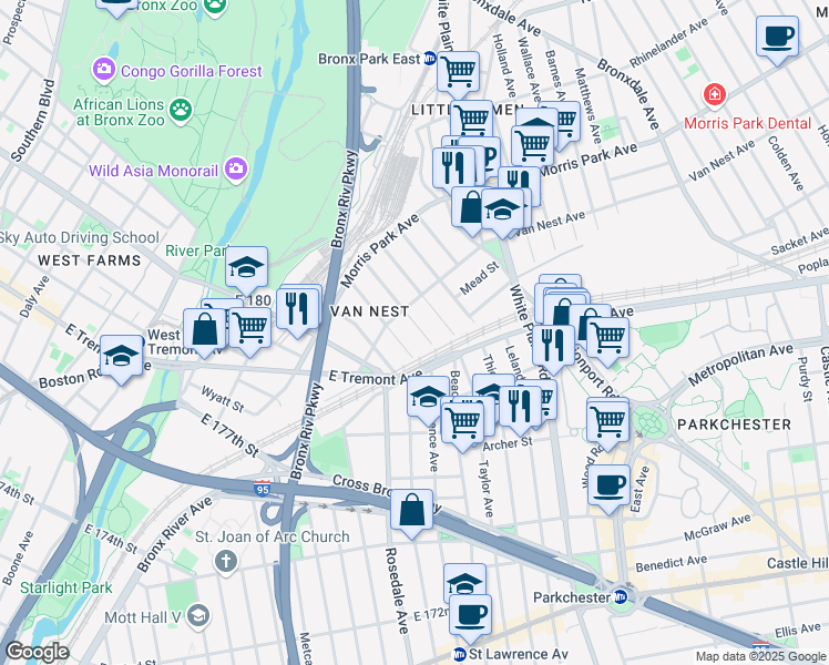 map of restaurants, bars, coffee shops, grocery stores, and more near 1629 Melville Street in Bronx