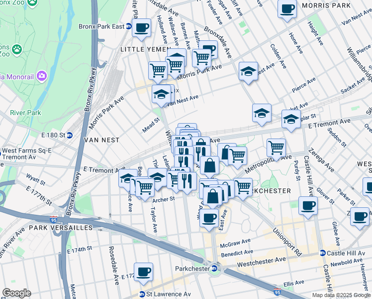 map of restaurants, bars, coffee shops, grocery stores, and more near 1619 Unionport Road in The Bronx