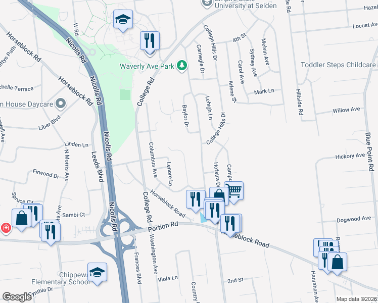 map of restaurants, bars, coffee shops, grocery stores, and more near 1294 Waverly Avenue in Farmingville