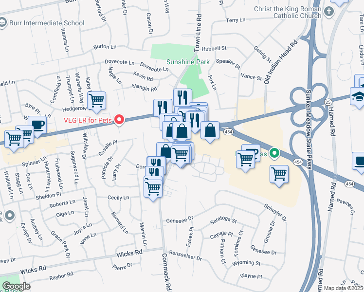 map of restaurants, bars, coffee shops, grocery stores, and more near 96 Commack Road in Commack