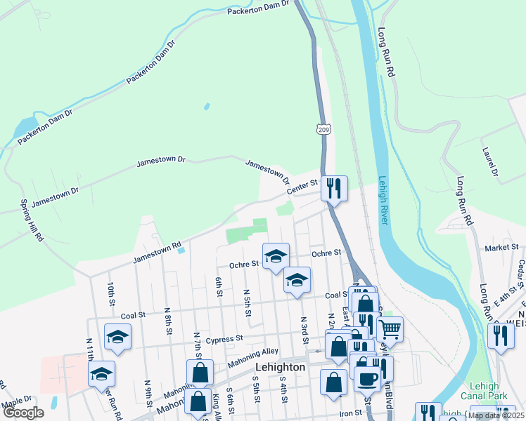 map of restaurants, bars, coffee shops, grocery stores, and more near 251-253 Center Street in Lehighton