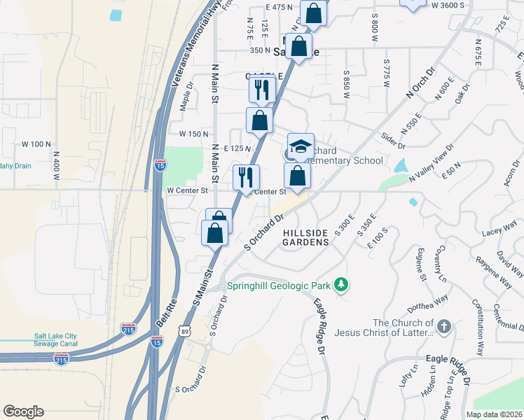 map of restaurants, bars, coffee shops, grocery stores, and more near 43 South Walker Lane in North Salt Lake