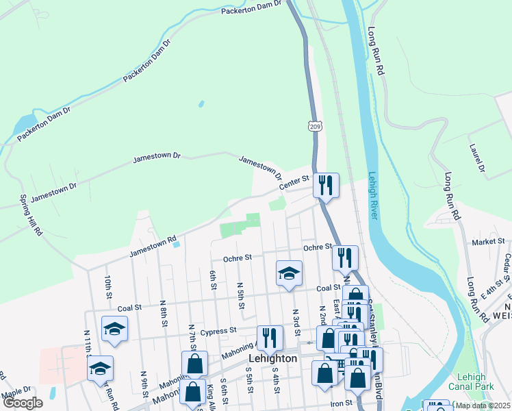 map of restaurants, bars, coffee shops, grocery stores, and more near 251-253 Center Street in Lehighton