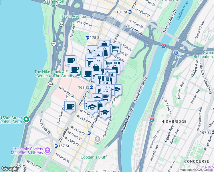 map of restaurants, bars, coffee shops, grocery stores, and more near 515 West 169th Street in New York
