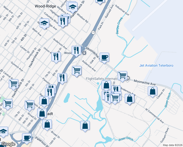map of restaurants, bars, coffee shops, grocery stores, and more near 100 Blum Boulevard in Wood-Ridge