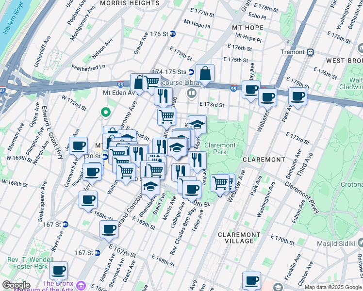 map of restaurants, bars, coffee shops, grocery stores, and more near 1520 Sheridan Avenue in Bronx