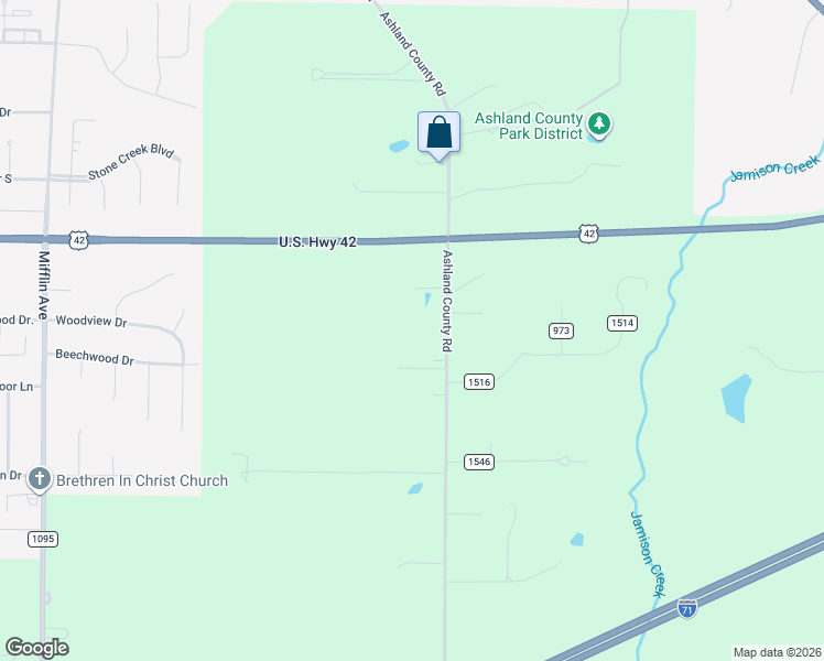 map of restaurants, bars, coffee shops, grocery stores, and more near 1522 Ashland County Road in Ashland