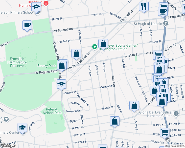 map of restaurants, bars, coffee shops, grocery stores, and more near 31 10th Avenue in Huntington Station