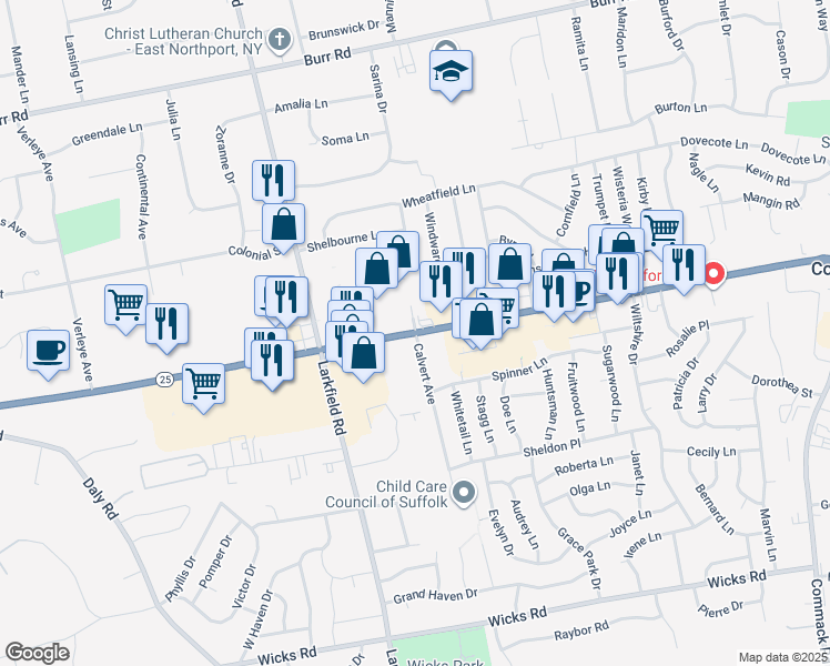 map of restaurants, bars, coffee shops, grocery stores, and more near Jericho Turnpike & Calvert Avenue in Commack
