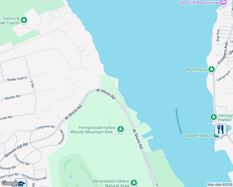 map of restaurants, bars, coffee shops, grocery stores, and more near 35 West Shore Road in Port Washington