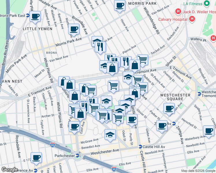 map of restaurants, bars, coffee shops, grocery stores, and more near Red Oak Drive in Bronx