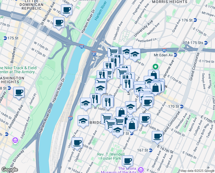 map of restaurants, bars, coffee shops, grocery stores, and more near in The Bronx