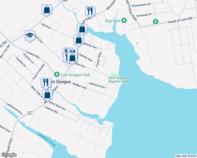 map of restaurants, bars, coffee shops, grocery stores, and more near 19 Jackson Avenue in East Quogue