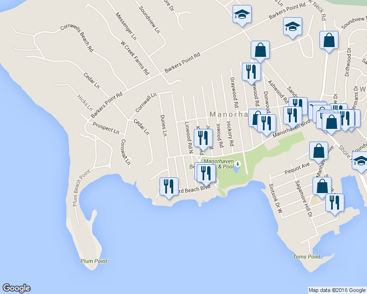 map of restaurants, bars, coffee shops, grocery stores, and more near 219 Manorhaven Boulevard in Port Washington