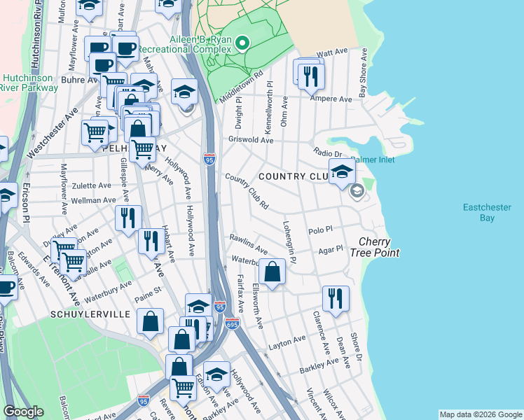 map of restaurants, bars, coffee shops, grocery stores, and more near 3157 Valhalla Drive in Bronx