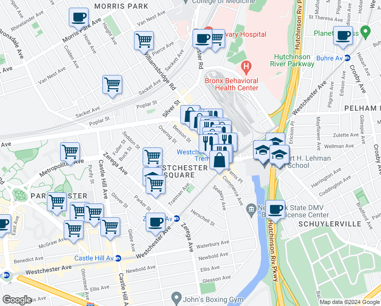 map of restaurants, bars, coffee shops, grocery stores, and more near 2550 Frisby Avenue in Bronx