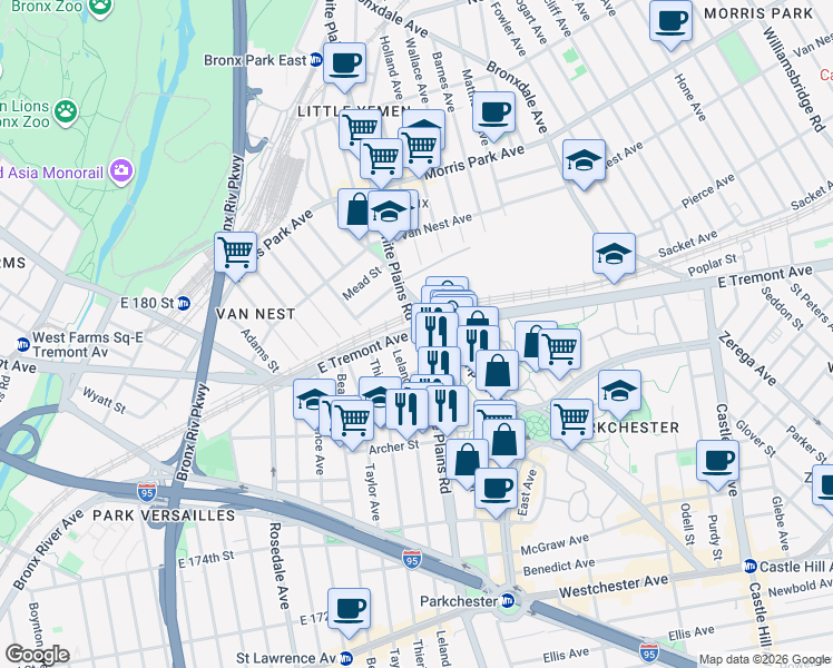 map of restaurants, bars, coffee shops, grocery stores, and more near 1572 White Plains Road in The Bronx