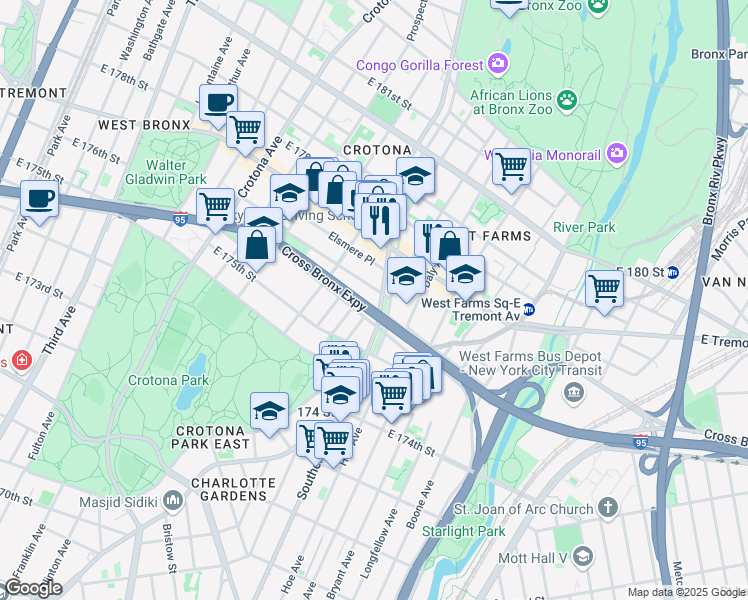 map of restaurants, bars, coffee shops, grocery stores, and more near 1835 Trafalgar Place in Bronx