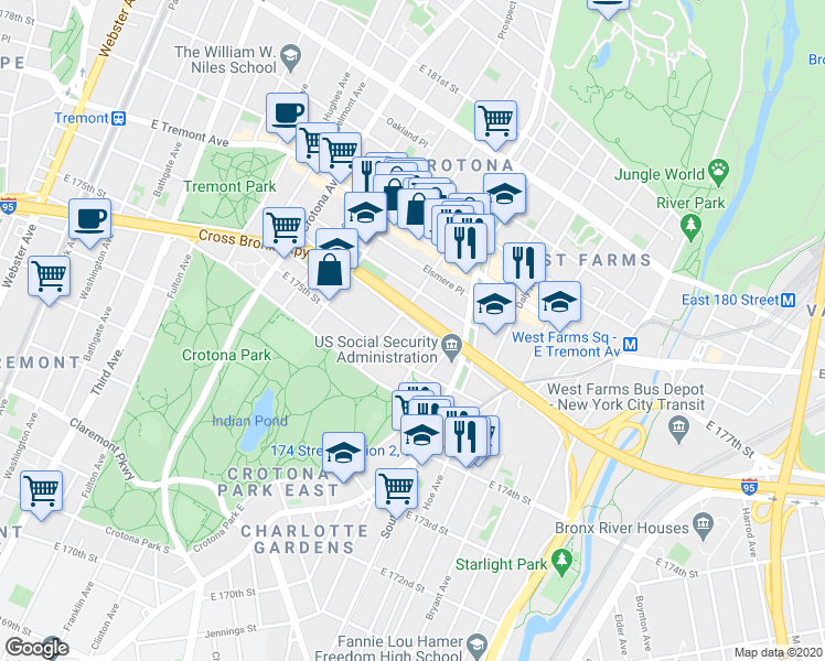 map of restaurants, bars, coffee shops, grocery stores, and more near in The Bronx