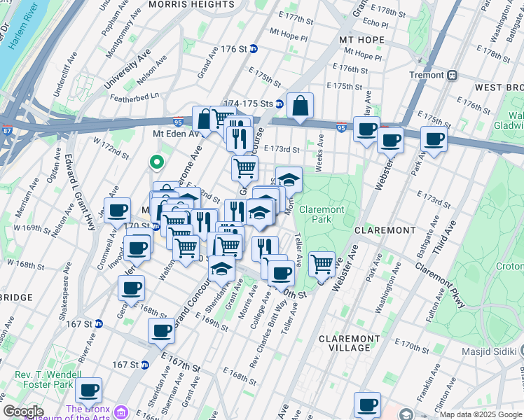 map of restaurants, bars, coffee shops, grocery stores, and more near 235 East 172nd Street in Bronx
