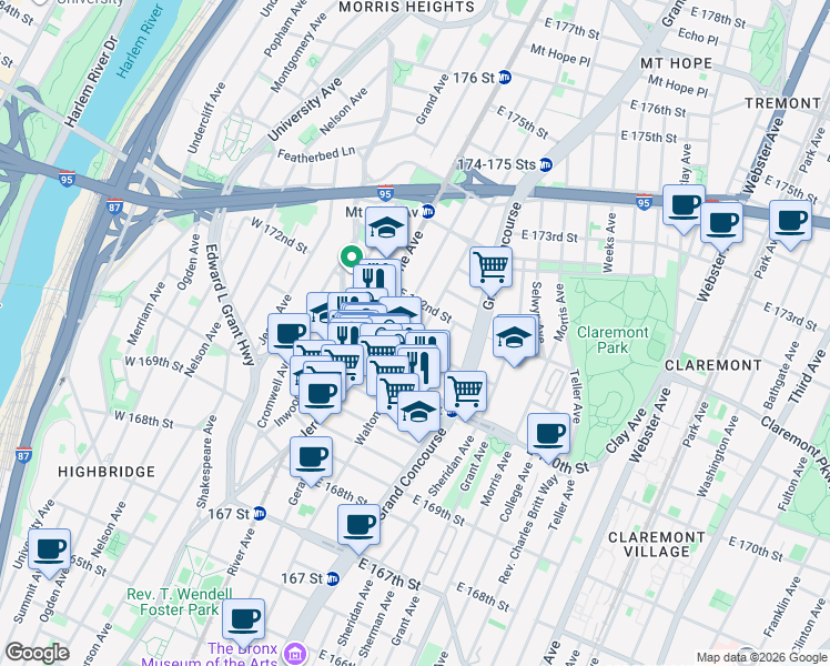 map of restaurants, bars, coffee shops, grocery stores, and more near in The Bronx