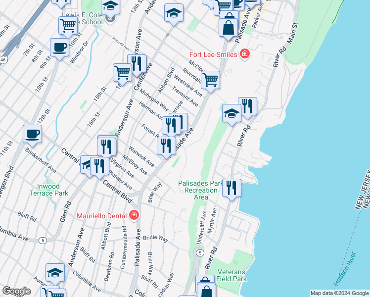 map of restaurants, bars, coffee shops, grocery stores, and more near 16 Horizon Road in Fort Lee