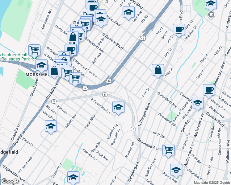 map of restaurants, bars, coffee shops, grocery stores, and more near 100 Grantwood Boulevard in Palisades Park