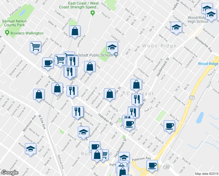 map of restaurants, bars, coffee shops, grocery stores, and more near 422 Madison Street in Carlstadt
