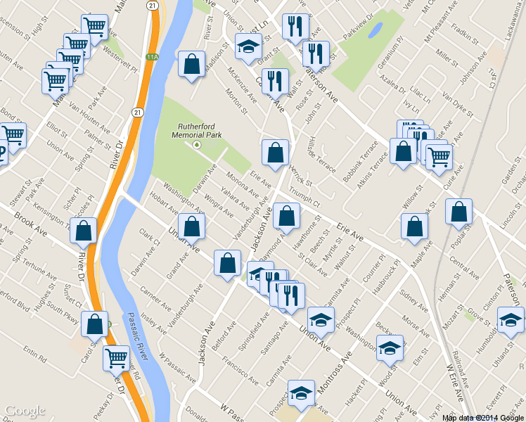 map of restaurants, bars, coffee shops, grocery stores, and more near 40 Jackson Avenue in Rutherford