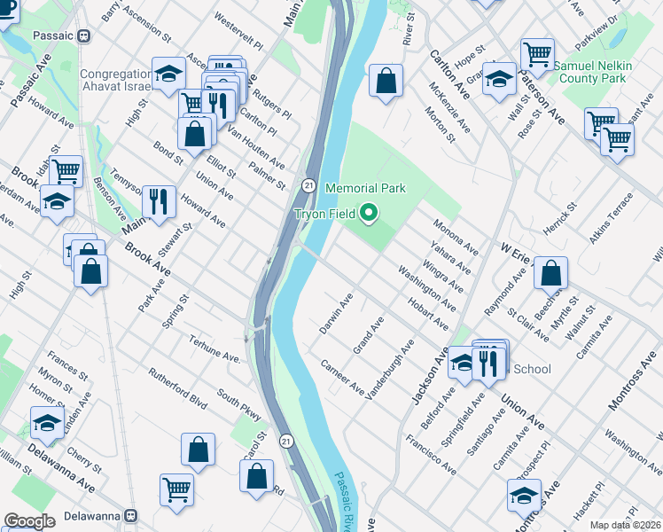 map of restaurants, bars, coffee shops, grocery stores, and more near 84 Clark Court in Rutherford